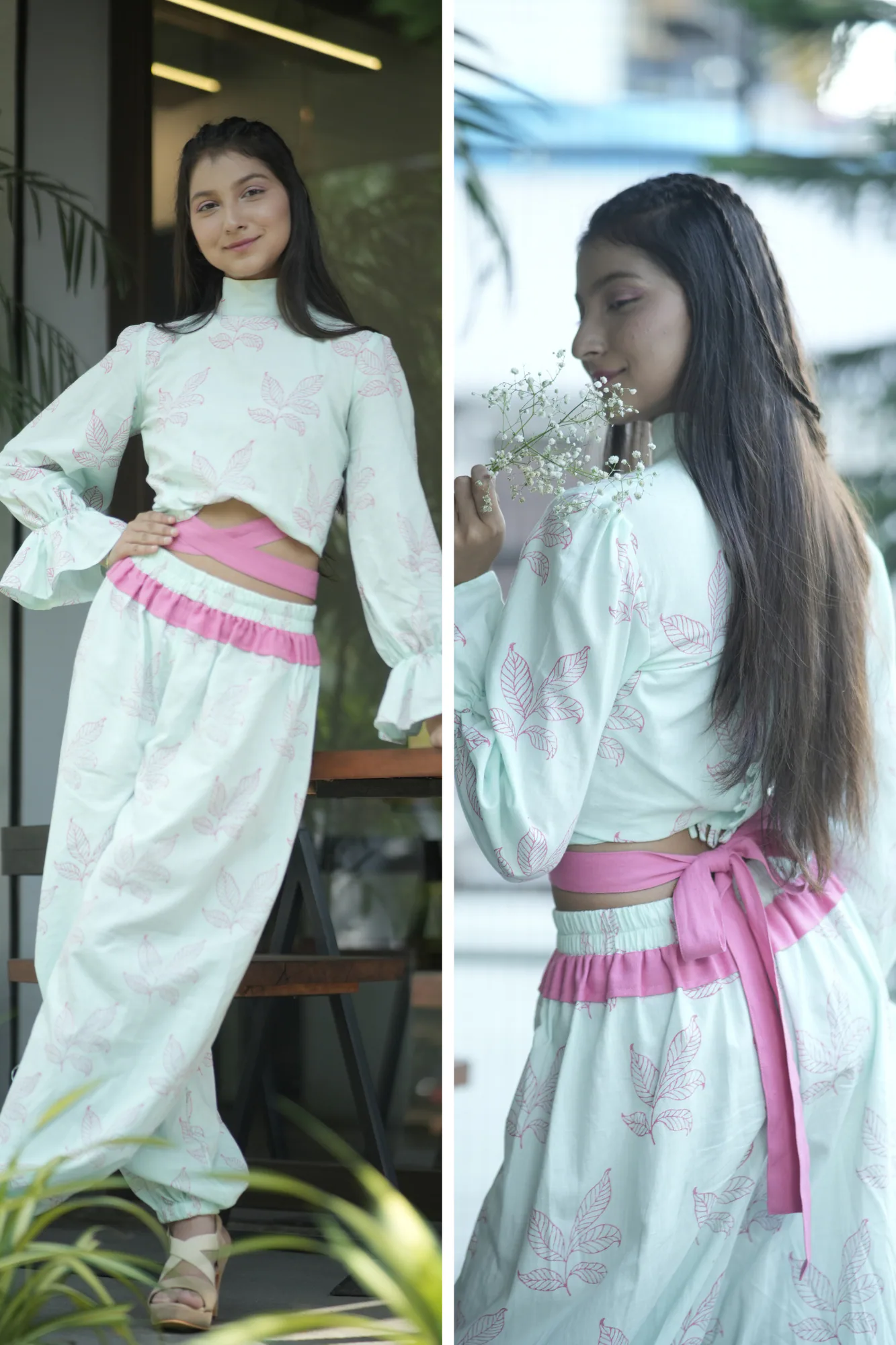 White and pink nature-inspired coordinated khadi look