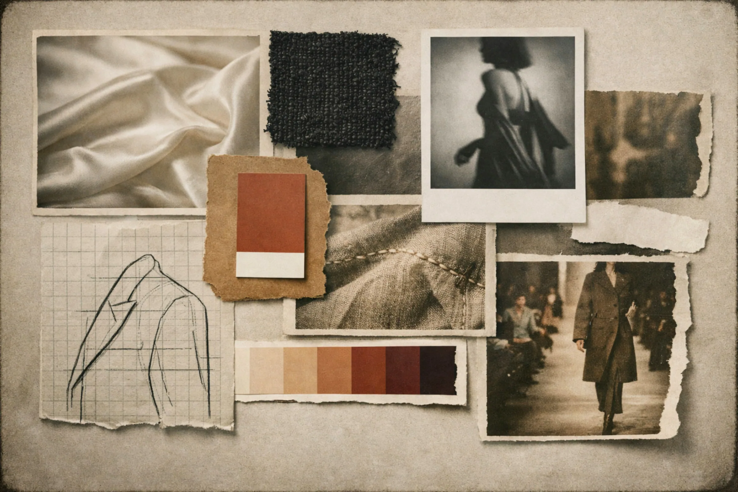 Fashion moodboard with fabric swatches, sketches, and photographs